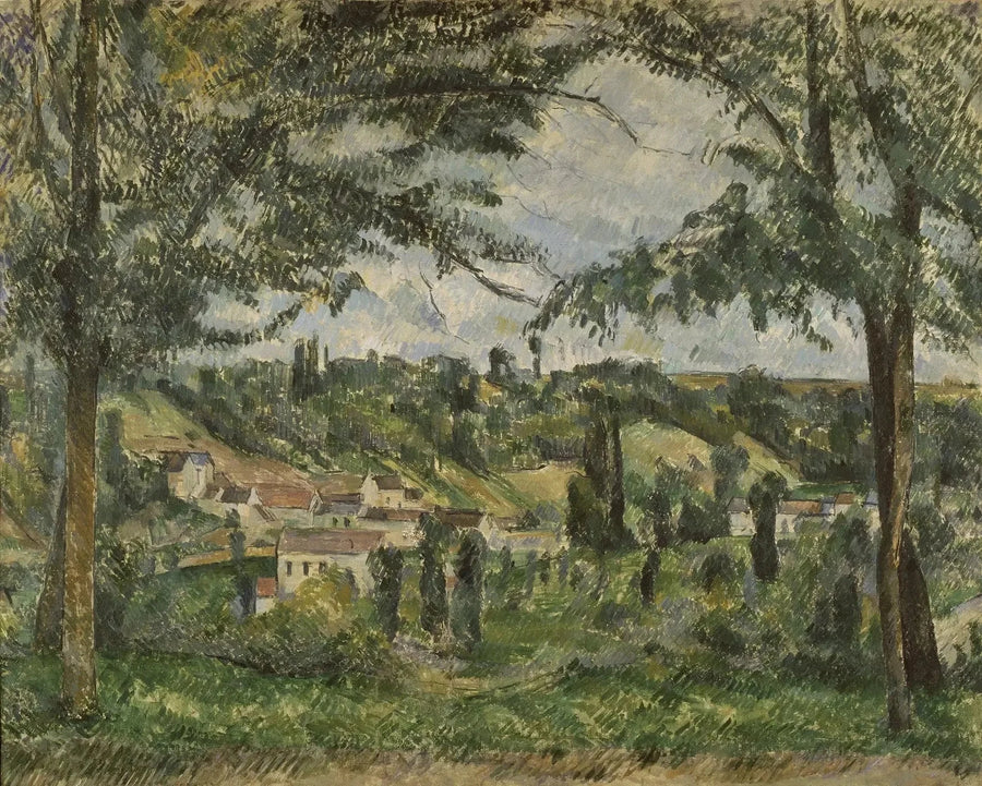 El Hameau des Pâtis en Pontoise, enmarcado por árboles - Paul Cézanne