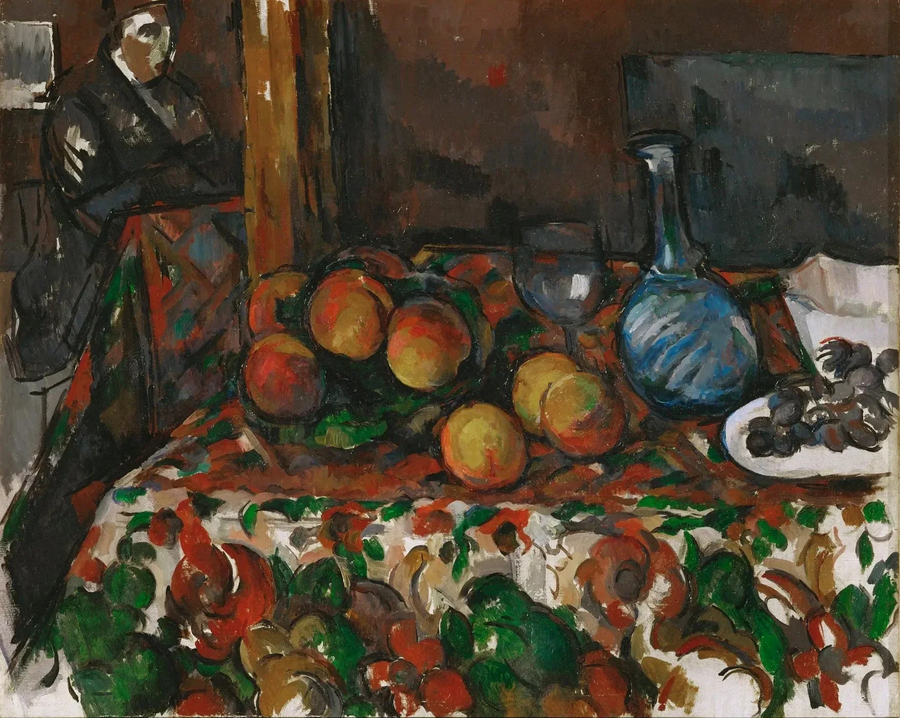 Duraznos, jarra y personaje - Paul Cézanne