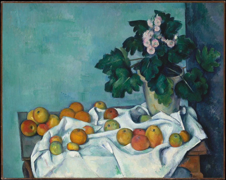 Jarrón de primaveras y frutas sobre una mesa - Paul Cézanne