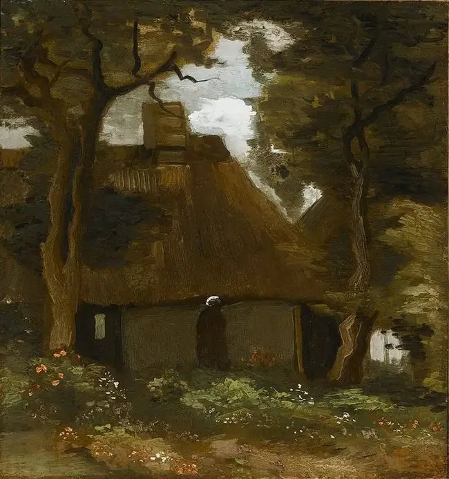 Chalet con árboles y campesina - Vincent van Gogh