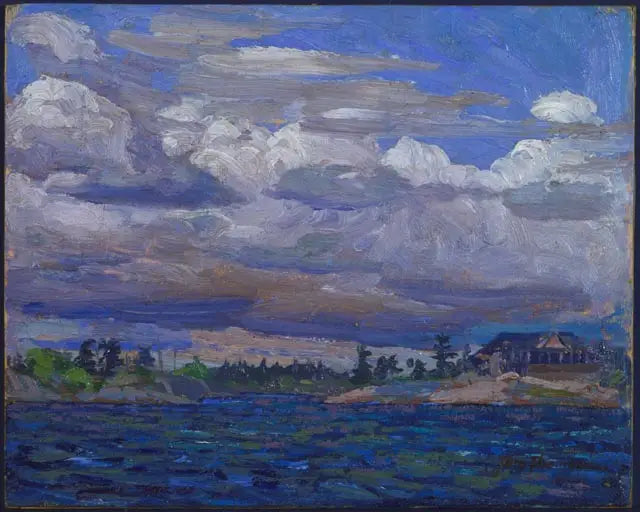 Chalet sobre río rocoso - Tom Thomson