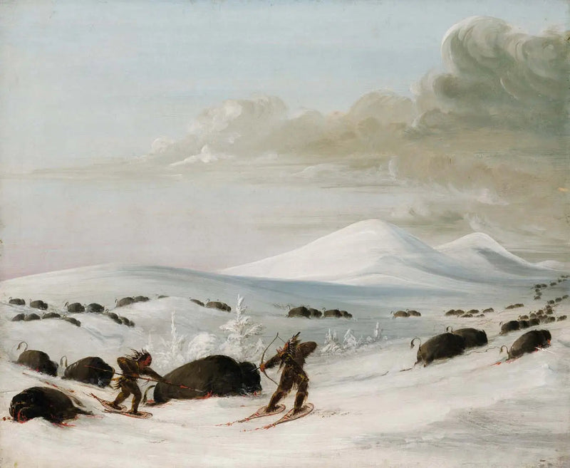 Caza de bisontes en las acumulaciones de nieve, persecución por indígenas en raquetas - George Catlin