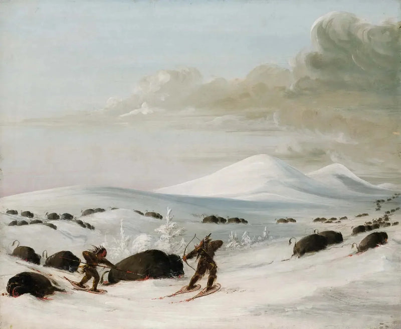 Caza de bisontes en las acumulaciones de nieve, persecución por indígenas en raquetas - George Catlin