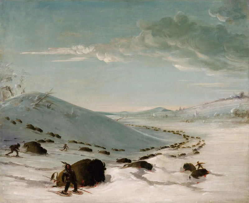 Caza de bisontes en invierno, indígenas con raquetas - George Catlin