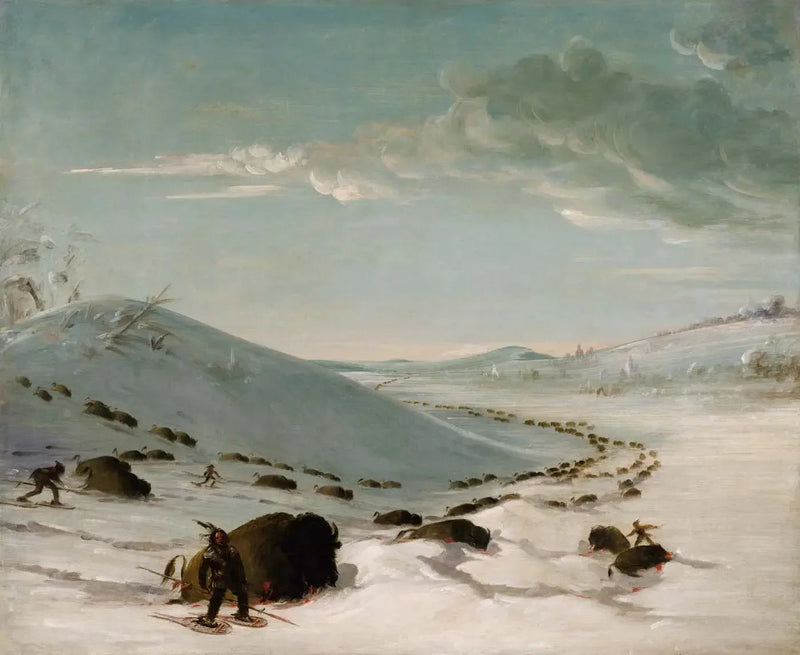 Caza de bisontes en invierno, indígenas con raquetas - George Catlin