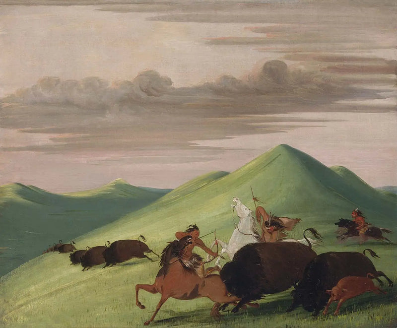 Caza del bisonte, toro protegiendo a una vaca y su ternero - George Catlin