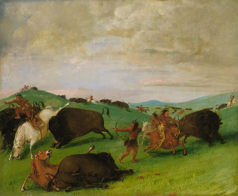 Caza del bisonte, toros peleando con hombres y caballos - George Catlin