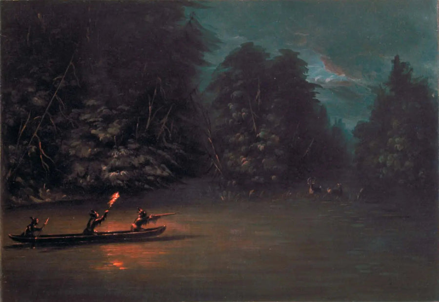 Caza de ciervos con antorchas en canoa de corteza - George Catlin