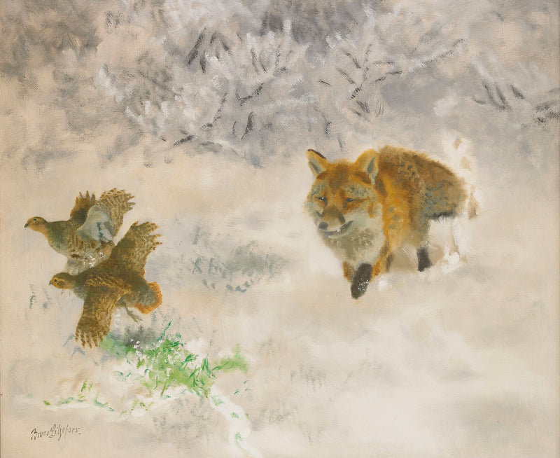 Caza de zorros y gallos lira en un paisaje invernal - Bruno Liljefors