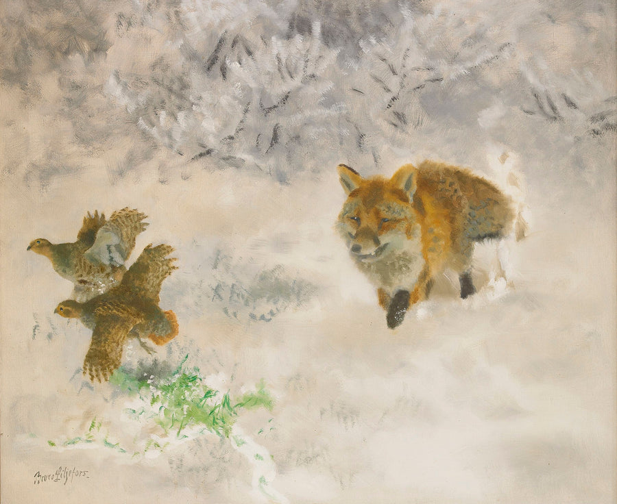 Caza de zorros y gallos lira en un paisaje invernal - Bruno Liljefors