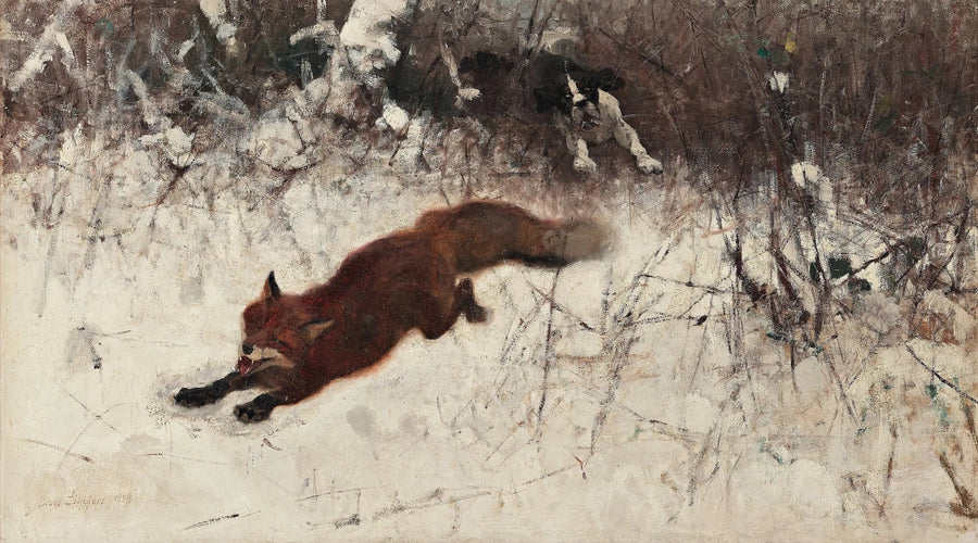 Caza del zorro en invierno con perro de caza - Bruno Liljefors