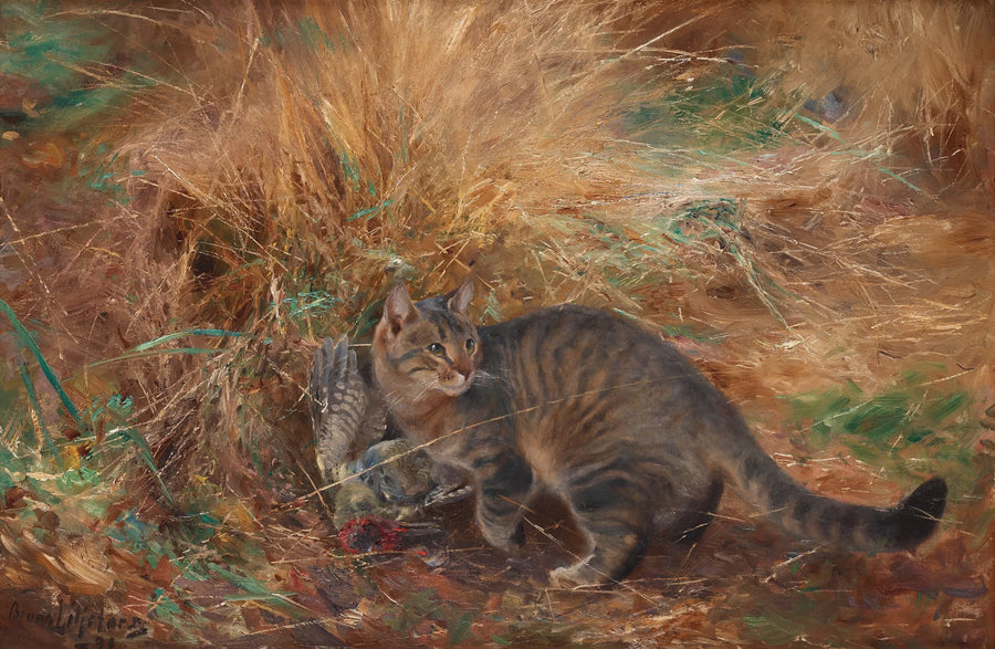 Gato con un pájaro carpintero verde europeo - Bruno Liljefors