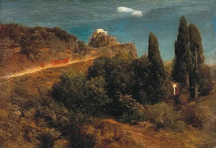 Castillo de montaña con un séquito de caballeros - Arnold Böcklin