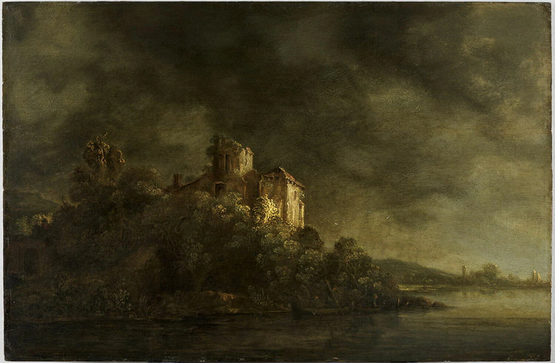 Château dominant une rivière - Rembrandt