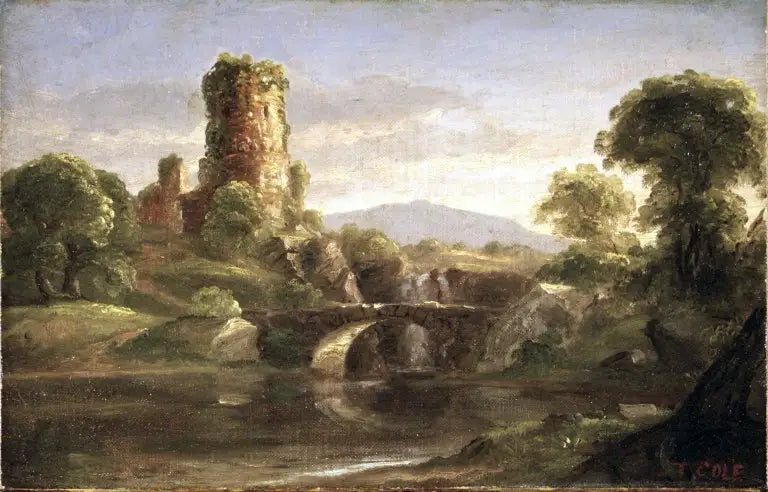 Castillo en ruina y río - Thomas Cole