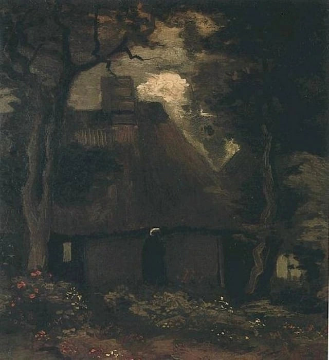 Chalet con árboles y campesina - Vincent van Gogh