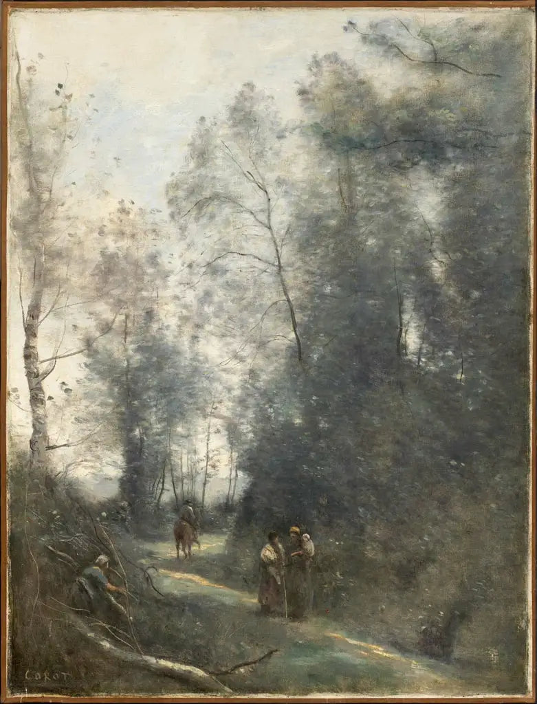 Camino giratorio con tres campesinas y un jinete - Jean-Baptiste Camille Corot