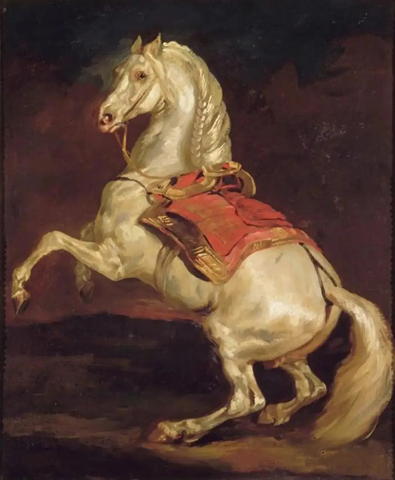 Caballo encabritado sobre una silla de montar roja - Théodore Géricault