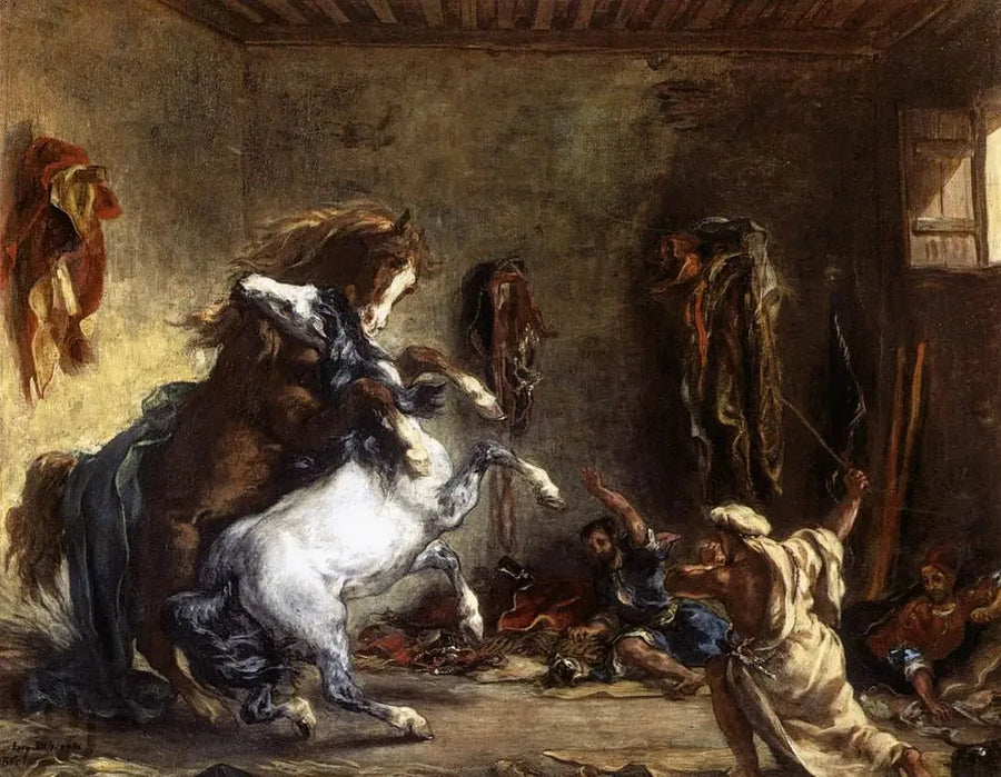 Caballos árabes luchando en un establo - Eugène Delacroix