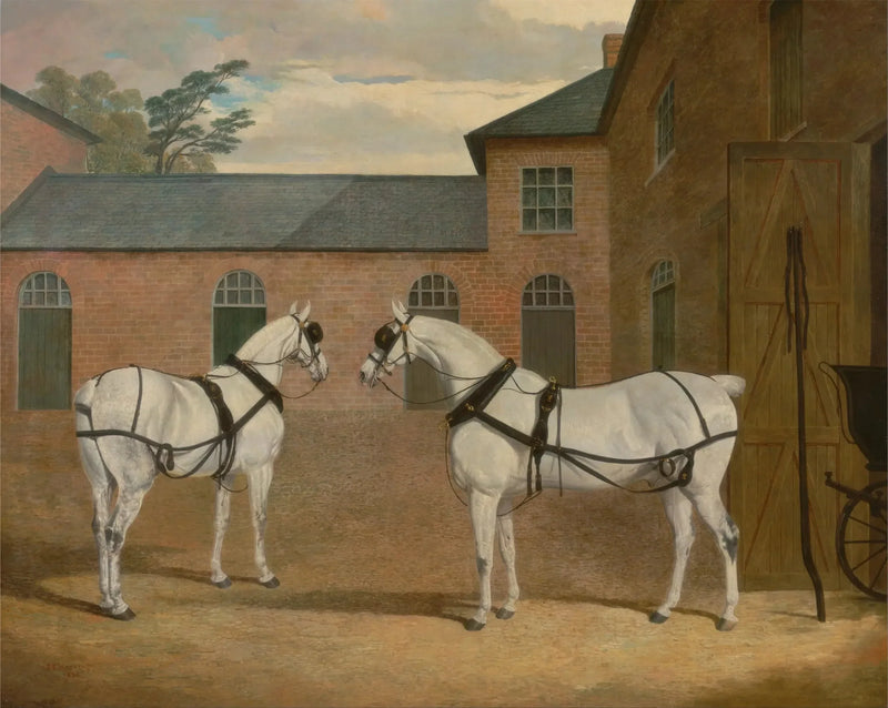 Caballos de calesa grises en el patio de los carruajes de Putteridge Bury, Hertfordshire - John Frederick Herring, Sr.