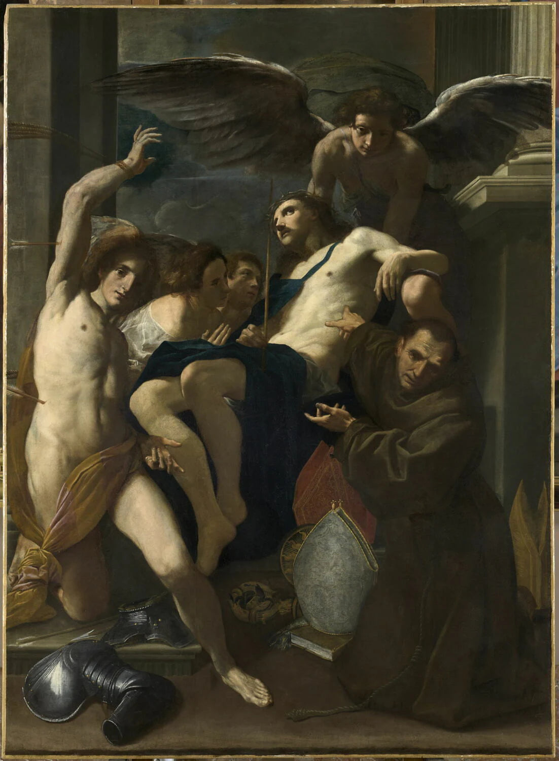 Le Christ adoré par les anges, saint Sébastien et saint Bernardin - Carlo Bonone