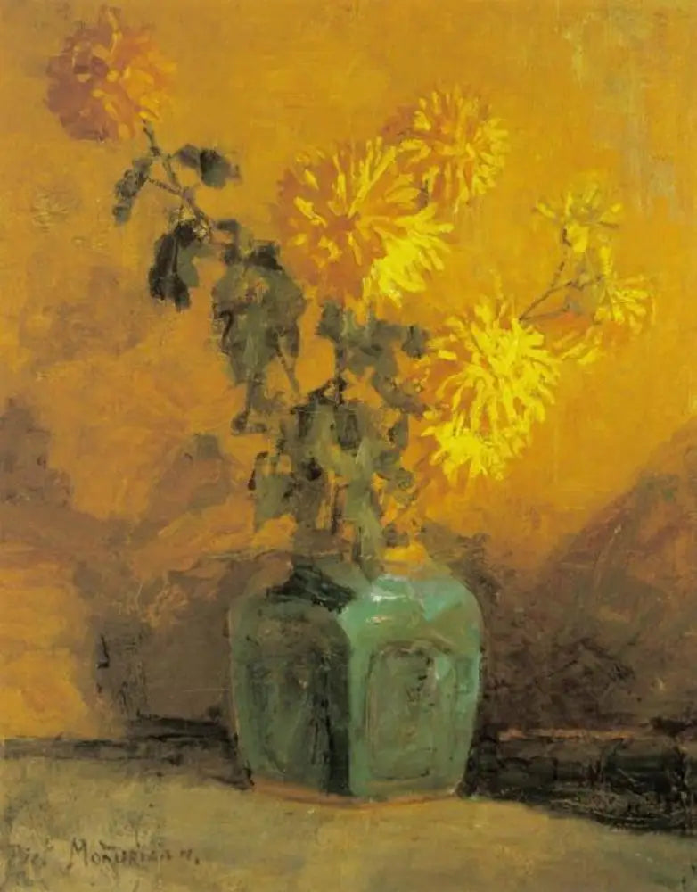 Reproduction du tableau « Chrysanthèmes jaunes dans un pot de gingembre - Piet Mondrian » par Alpha Reproduction en peinture à l’huile