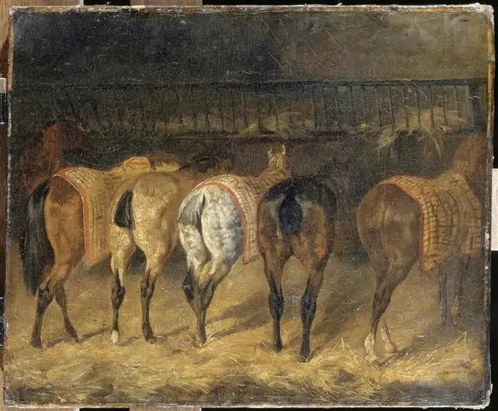 Cinco caballos vistos por la grupa en un establo - Théodore Géricault
