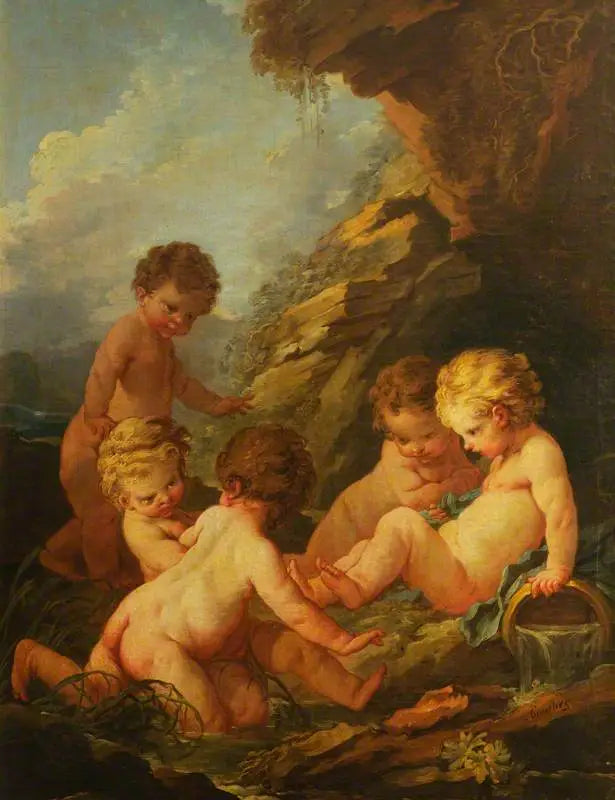 Cinco niños desnudos jugando junto a una piscina rocosa - François Boucher