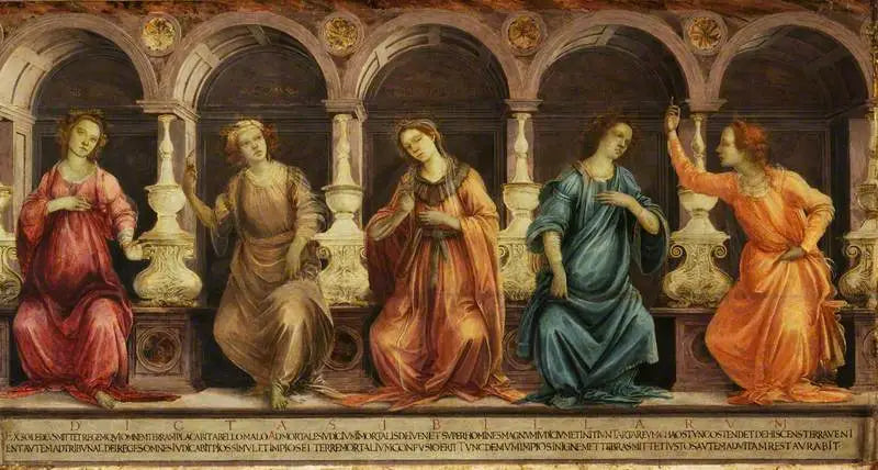 Cinco sibyllas sentadas en nichos: la Samiense, la Cumiense, la Helespóntica, la Frigia y la Tiburtina - Filippino Lippi