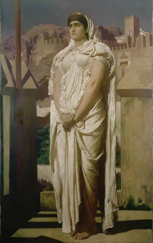 Clytemnestra, desde las murallas de Argos, vigila las luces de baliza que deben anunciar el regreso de Agamenón - Frederic Leighton