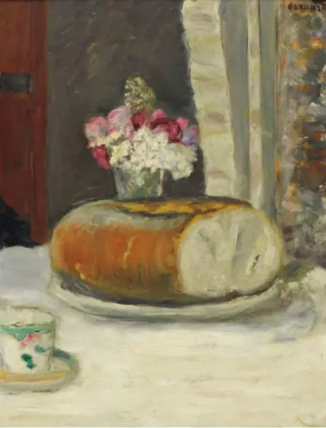 Esquina de mesa (Taza de café, pan y flores) - Pierre Bonnard