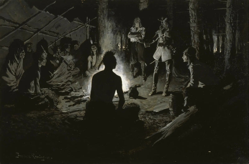 Consejo de los exploradores franceses con los indígenas - Frederic Remington