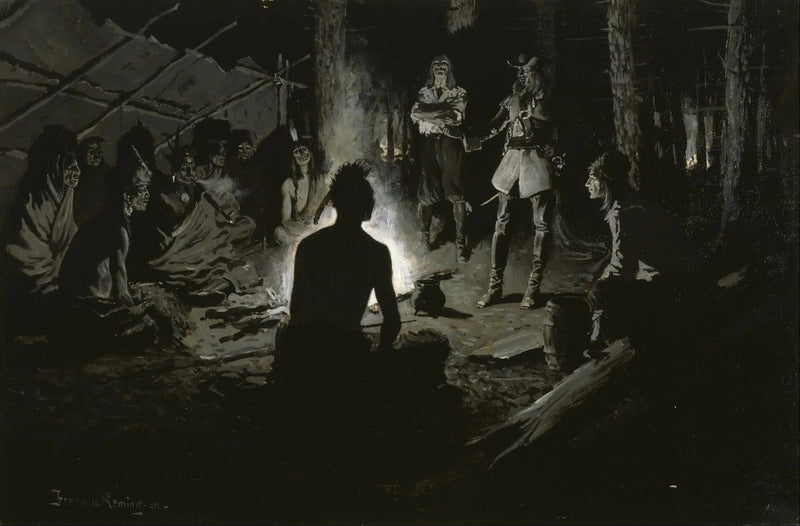 Consejo de los exploradores franceses con los indígenas - Frederic Remington