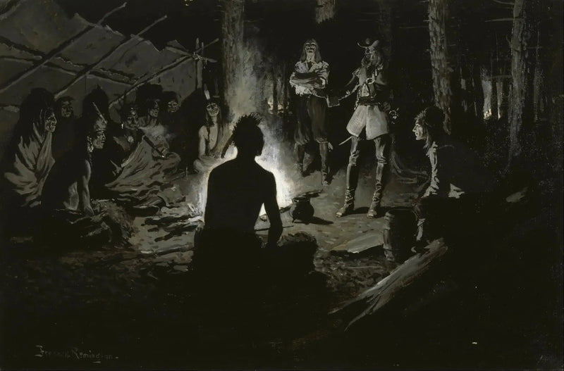 Consejo de los exploradores franceses con los indígenas - Frederic Remington