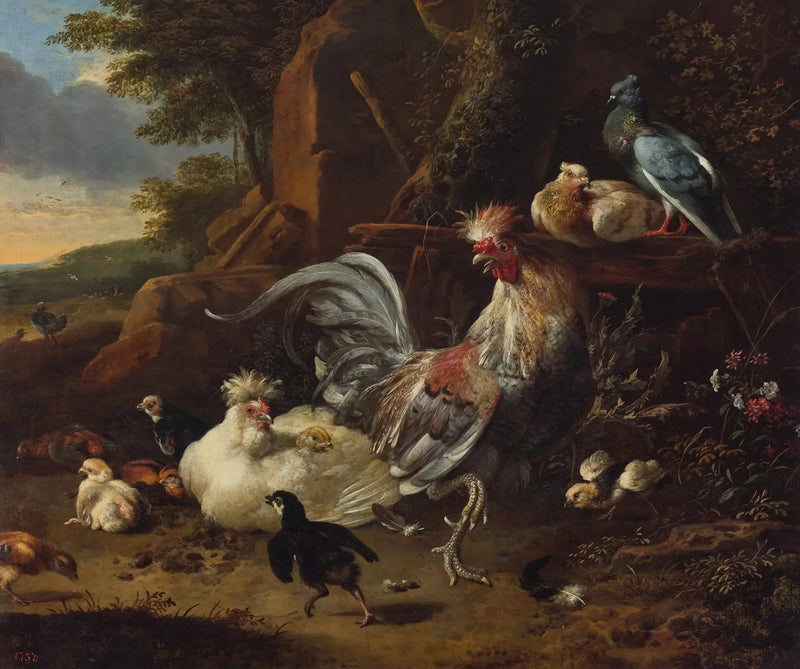 Gallo, gallinas y otras aves de corral en un patio - Melchior de Hondecoeter
