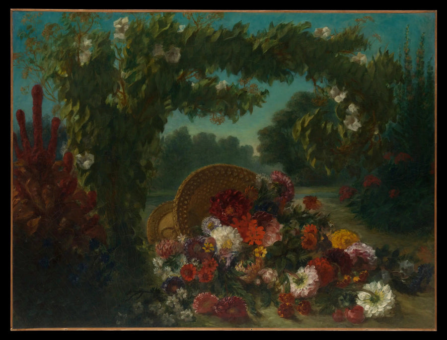 Cesta de flores volcada en un jardín - Eugène Delacroix