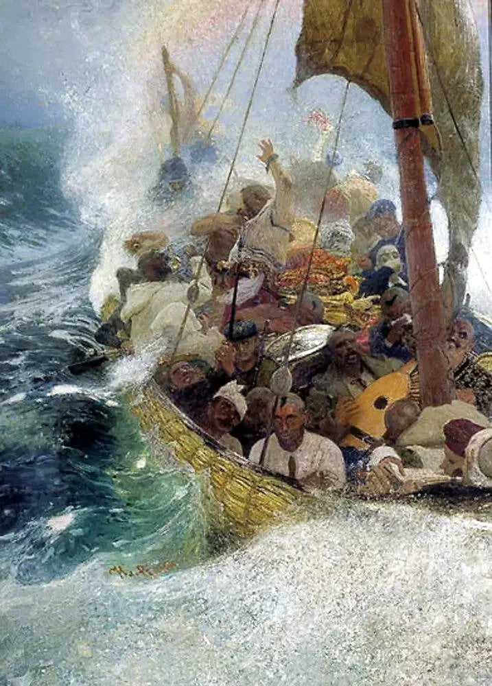 Cosacos en el mar Negro. Cosacos zaporogues en una chaika durante una tormenta. - Ilya Repin