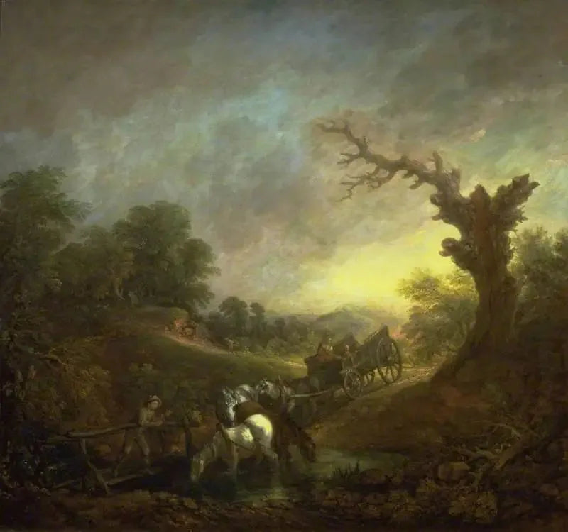 Atardecer: caballos de tiro bebiendo al borde de un arroyo - Thomas Gainsborough