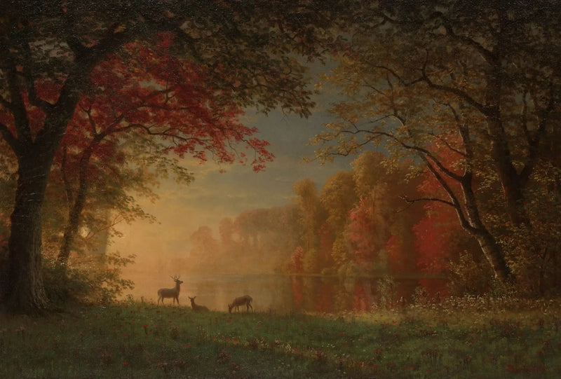 Atardecer indio: ciervo junto a un lago - Albert Bierstadt