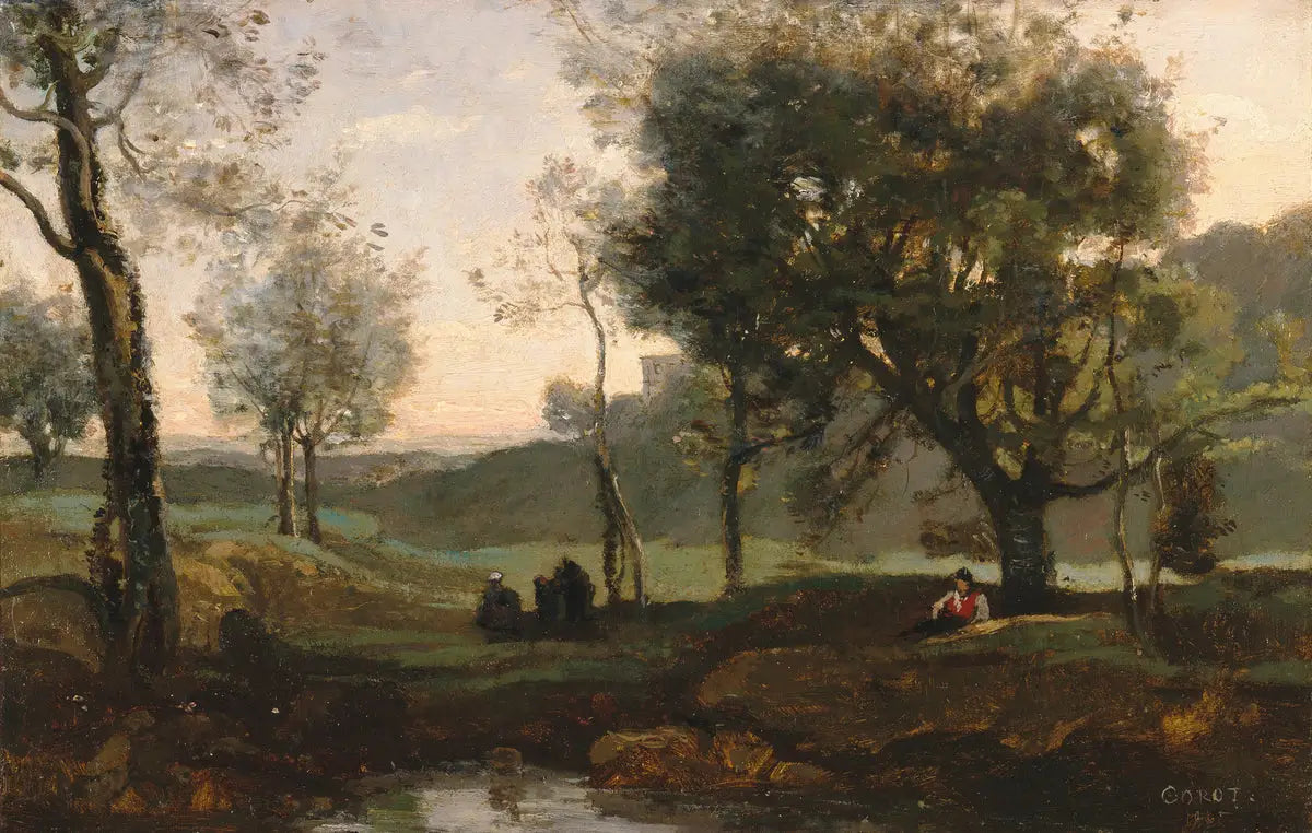 Coucher de soleil: personnages sous les arbres - Jean-Baptiste Camille Corot - Alpha Reproduction