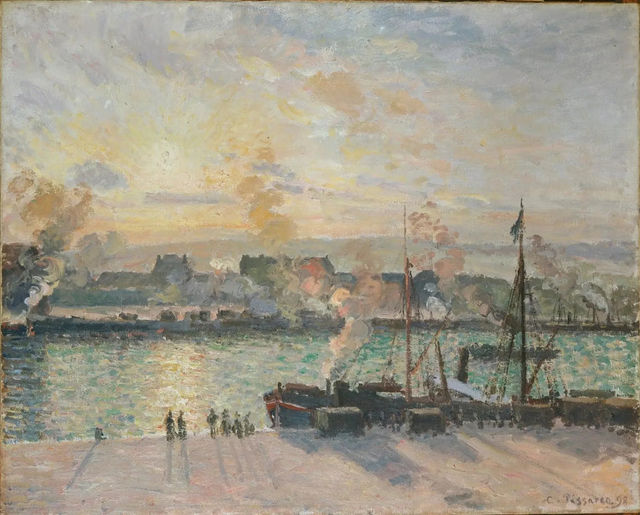 Puesta de sol, puerto de Ruan (barcos de vapor) - Camille Pissarro