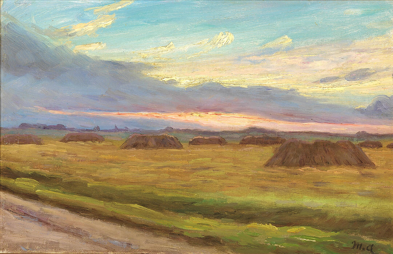 Puesta de sol sobre un paisaje de cosecha en Skagen. -Michael Peter Ancher