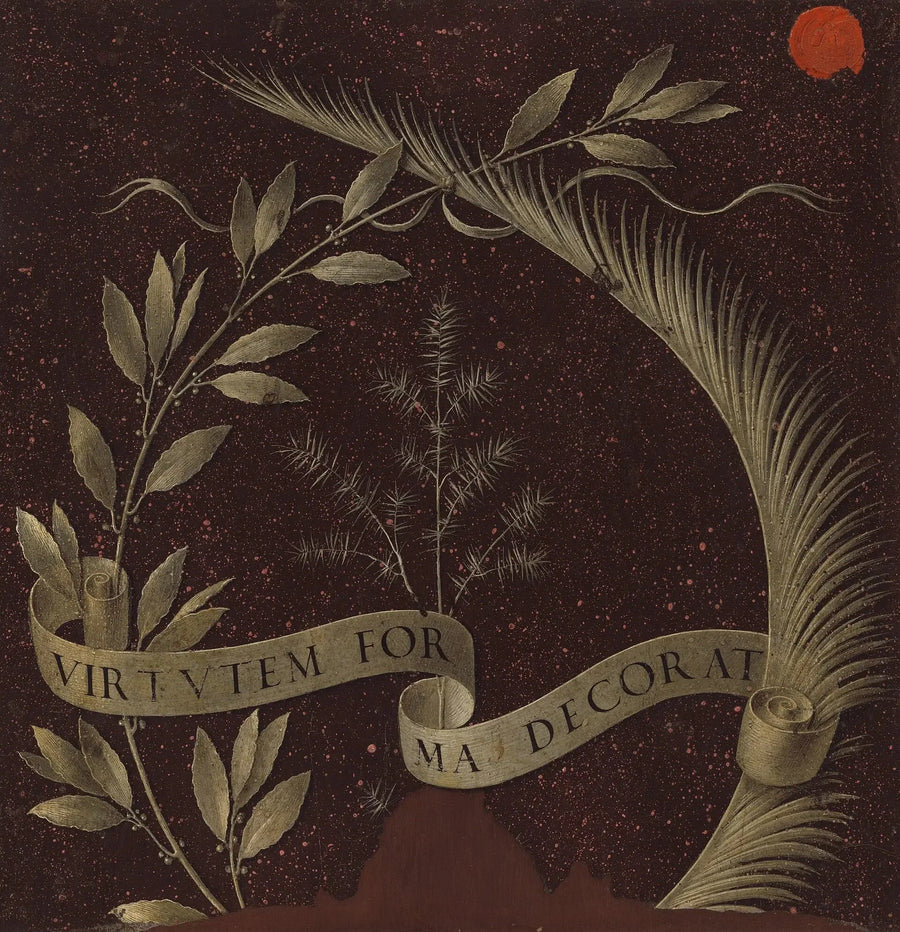 Corona de laurel, de palma y de enebro con un pergamino que lleva la inscripción Virtutem Forma Decorat [revers] - Leonardo da Vinci