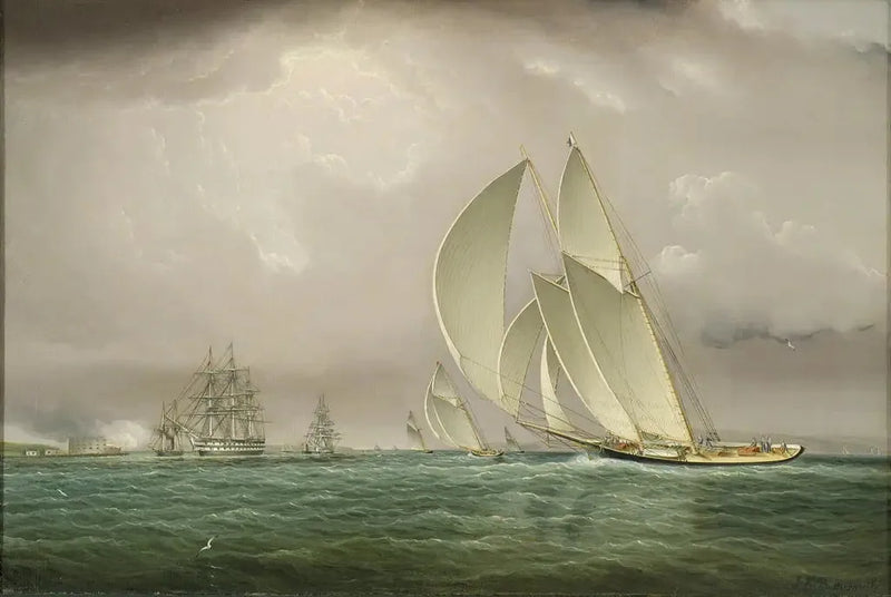 Carrera de yates en el puerto de Nueva York con saludo naval en el castillo William en la isla del Gobernador - James E. Buttersworth