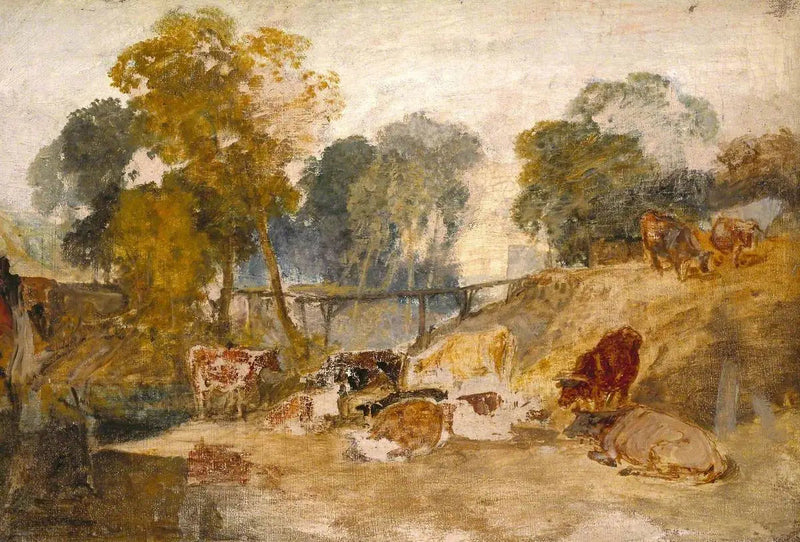 Vacas en un paisaje con un puente peatonal - J. M. W. Turner