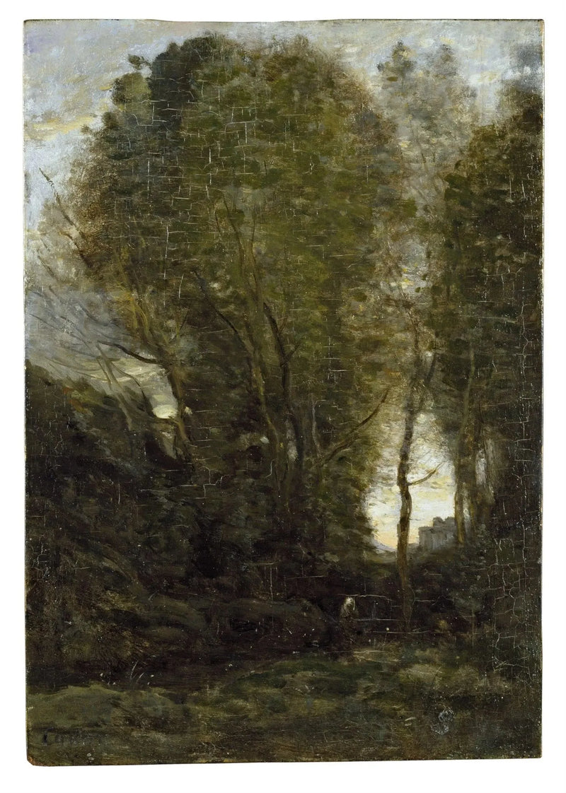 Crepúsculo: Paisaje con grandes árboles y una figura femenina - Jean-Baptiste Camille Corot