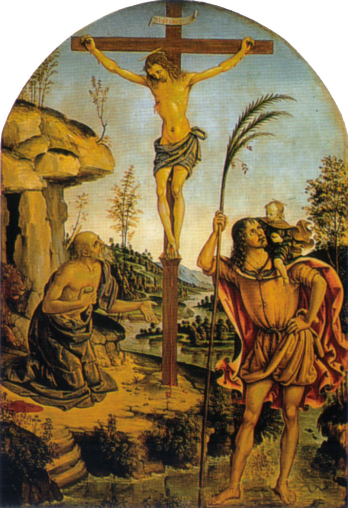 Crucifixión entre los santos Jerónimo y Cristóbal - Pinturicchio