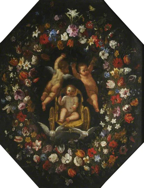 Cupido en un carro, rodeado de una corona de flores - Domenichino