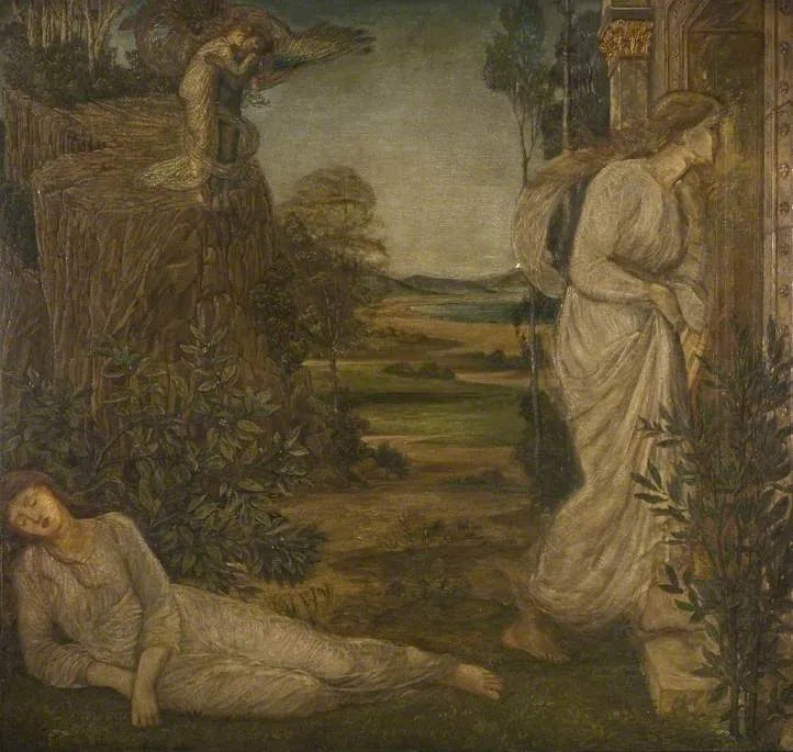 Cupido y Psique - Pinturas murales verdes del palacio - Edward Burne-Jones