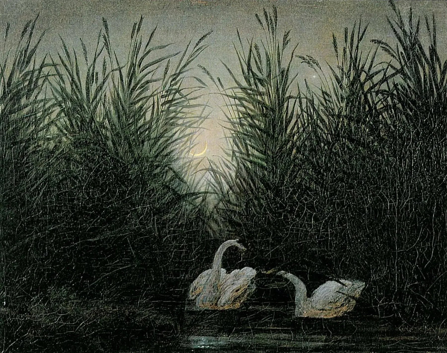 Cisnes en los juncos a las primeras luces del amanecer - Caspar David Friedrich